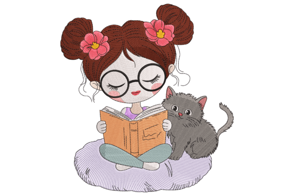 Charming Book Girl with Cat for Holiday Embroidery